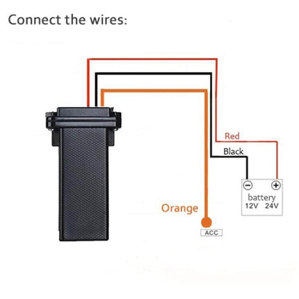 Compact Waterproof GPS Tracker for Cars and Motorcycles wiring diagram showing red power black ground and orange ACC connections to 12V/24V battery