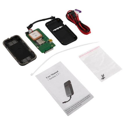 GPS Real-Time Vehicle Tracking Device for Cars and Trucks compact tracker kit with open case, circuit board, wiring harness, manual and mounting accessories