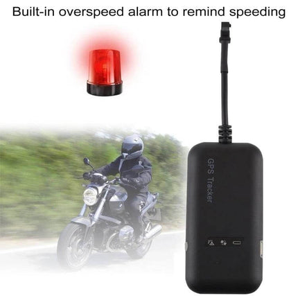 GPS Real-Time Vehicle Tracking Device for Cars and Trucks compact tracker with overspeed alarm shown on motorcycle and red warning light