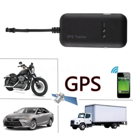 GPS Real-Time Vehicle Tracking Device for Cars and Trucks compact GPS tracker showing motorcycle, car, truck and smartphone connectivity