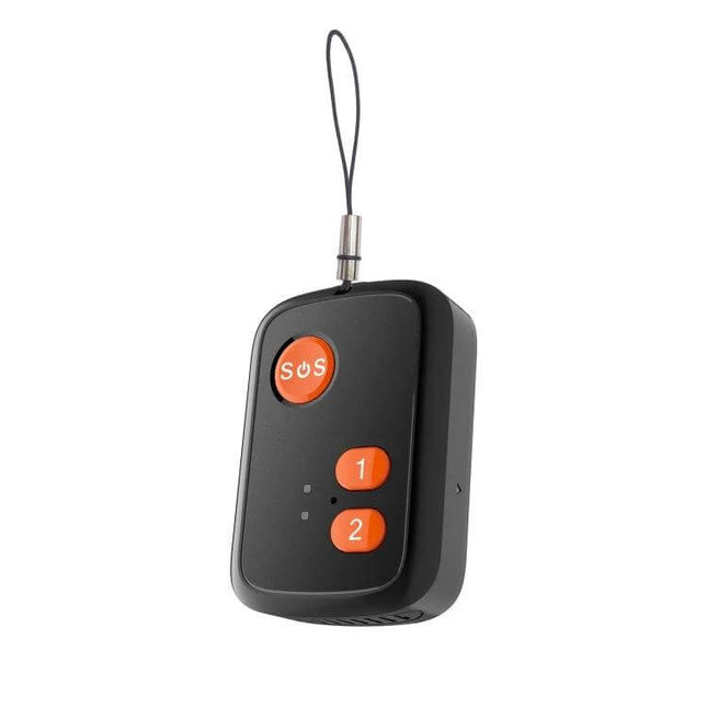 Waterproof Elderly GPS Tracker with SOS Emergency Button - black compact pendant with orange SOS and numbered buttons, wrist strap, waterproof design