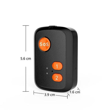 Waterproof Elderly GPS Tracker with SOS Emergency Button compact black device with orange SOS and speed-dial buttons, dimensions shown