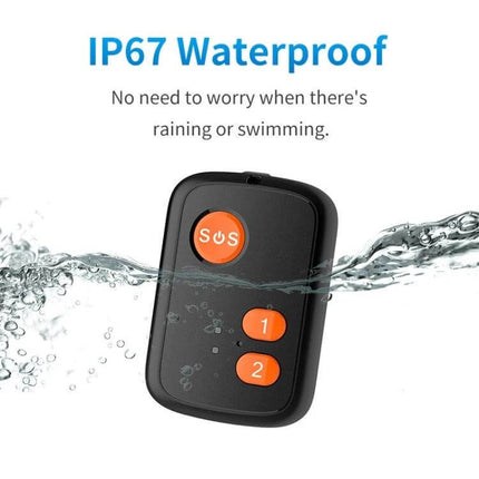 Waterproof Elderly GPS Tracker with SOS Emergency Button shown submerged, IP67 waterproof pendant with SOS and speed‑dial buttons for caregivers