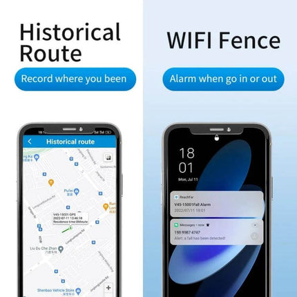 Waterproof Elderly GPS Tracker with SOS Emergency Button showing historical route map and WiFi fence alarm on smartphone screens