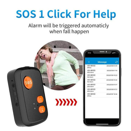 Waterproof Elderly GPS Tracker with SOS Emergency Button shown with SOS button, fall alert example and caregiver smartphone alerts