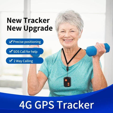 Waterproof Elderly GPS Tracker with SOS Emergency Button worn by smiling senior exercising with dumbbells, showing SOS and 2-way calling features
