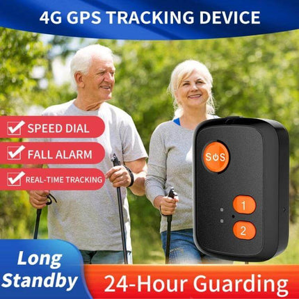 Waterproof Elderly GPS Tracker with SOS Emergency Button shown next to smiling seniors walking outdoors, highlighting SOS, fall alarm and real-time tracking