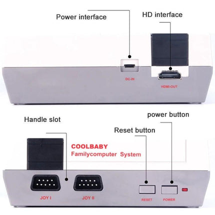 Retro Mini HDMI Video Game Console with 600 Built-In Games showing HDMI-out, power input, reset and power buttons