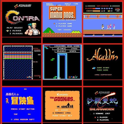 Retro Mini HDMI Video Game Console with 600 Built-In Games showing grid of classic game title screens like Super Mario Bros and Contra