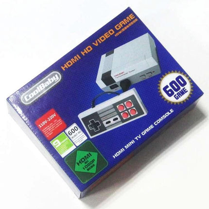 Retro Mini HDMI Video Game Console with 600 Built-In Games box showing console and controller connected via HDMI, 600 games pre-loaded