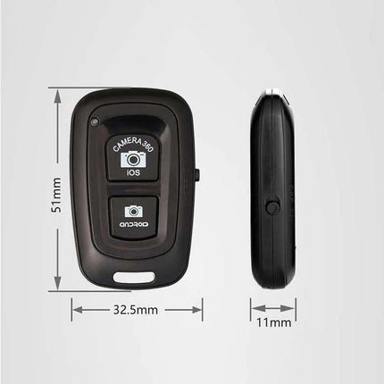 Bluetooth Remote Shutter for iOS and Android Camera Control - compact black Bluetooth camera remote with iOS and Android buttons, 51mm x 32.5mm x 11mm