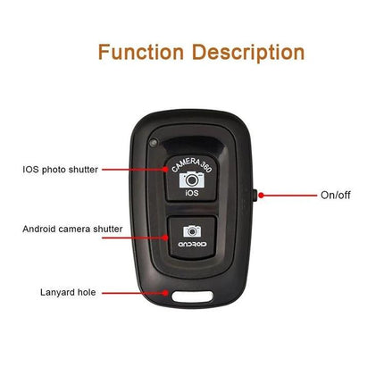 Bluetooth Remote Shutter for iOS and Android Camera Control - black remote with iOS and Android shutter buttons, on/off switch and lanyard hole