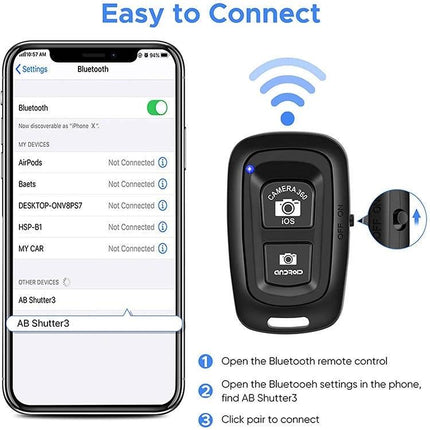 Bluetooth Remote Shutter for iOS and Android Camera Control compact wireless remote next to smartphone showing Bluetooth pairing