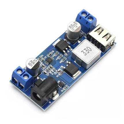 DC Power Converter with USB Output for Everyday Charging compact blue PCB module with USB port and DC input for travel and automotive charging