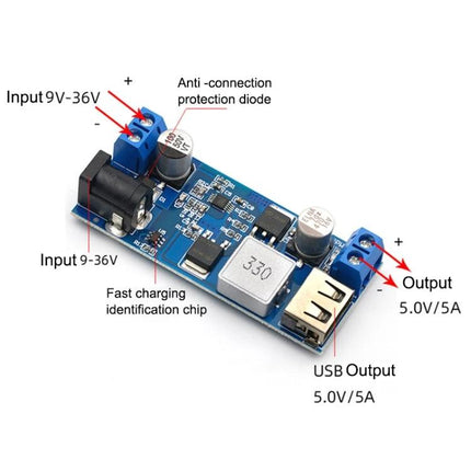 DC Power Converter with USB Output for Everyday Charging showing USB port, input terminals, and labeled 5V/5A output
