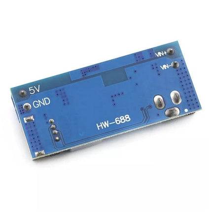 DC Power Converter with USB Output for Everyday Charging - blue HW-688 module showing 5V GND and VIN pads for automotive and portable charging