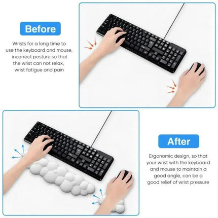 Memory Foam Wrist Rest for Comfortable Office Mouse Pad Use showing before and after ergonomic wrist support with slow-rebound memory foam