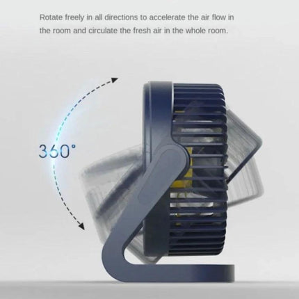 Compact USB Electric Fan for Desktop Cooling and Quiet Use showing 360-degree adjustable tilt and compact 5-inch design for desk use