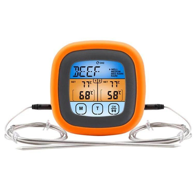 Digital Kitchen Thermometer With Color Screen For Baking showing dual probes, color LCD, backlight, magnetic/stand mount, and silica gel body