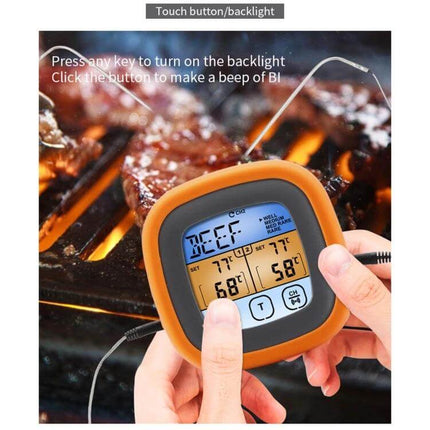 Digital Kitchen Thermometer With Color Screen For Baking held over grill showing backlit temperature display and probe, orange rugged silica gel body