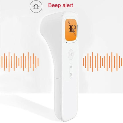 Non Contact Ear And Forehead Infrared Thermometer For Family Use showing white handheld device with orange backlit display reading 36.2°C