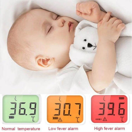 Non Contact Ear And Forehead Infrared Thermometer For Family Use showing sleeping baby with green, orange, red fever display icons