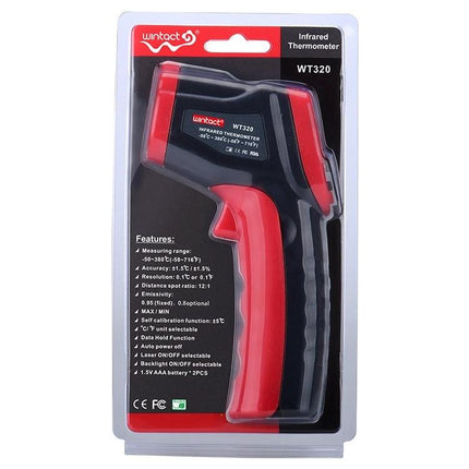 Wintact Handheld Non-Contact Infrared Thermometer for Surface Use in retail packaging showing red-black WT320 thermometer