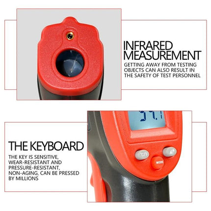 Wintact Handheld Non-Contact Infrared Thermometer for Surface Use showing red sensor tip and LCD display