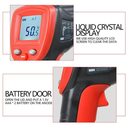 Wintact Handheld Non-Contact Infrared Thermometer for Surface Use showing LCD display and battery door
