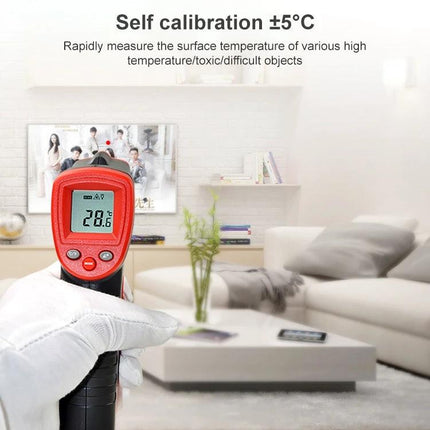 Wintact Handheld Non-Contact Infrared Thermometer for Surface Use held in living room measuring surface temperature display 28.8°C