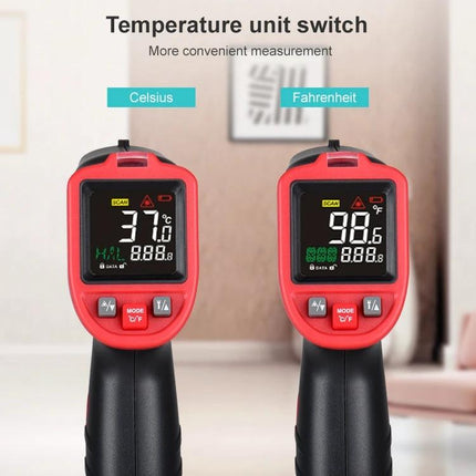 Wintact Portable Infrared Thermometer for Contactless Surface Checks showing Celsius and Fahrenheit displays on two red units