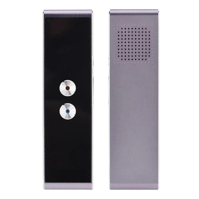 Essential Voice Translator for Travel and Daily Conversations - slim two-button handheld voice translator device in black and silver