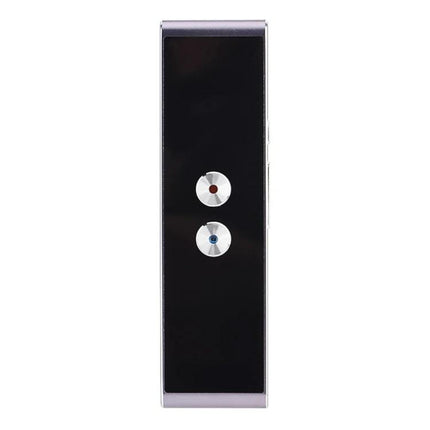 Essential Voice Translator for Travel and Daily Conversations compact black handheld device with two silver microphone buttons for instant two-way translation