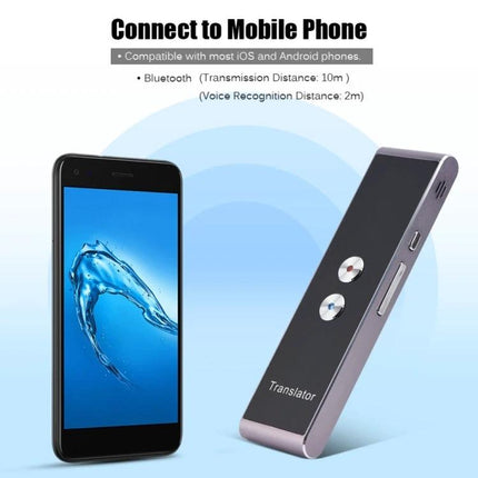 Essential Voice Translator for Travel and Daily Conversations compact device shown beside smartphone, Bluetooth connection and two-way real-time translation