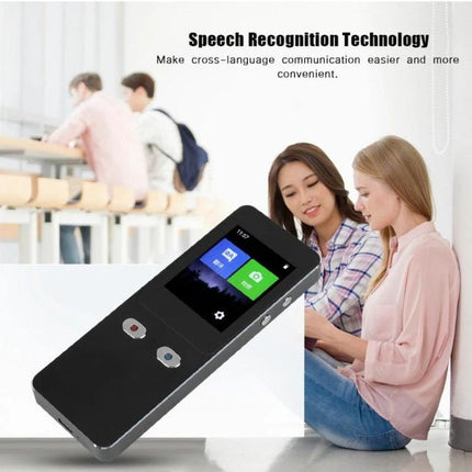 Compact Voice Translator for Travel and Business Needs - sleek handheld device showing speech recognition screen used by travelers