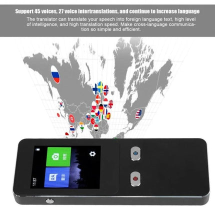 Compact Voice Translator for Travel and Business Needs showing handheld device with world map and country flags