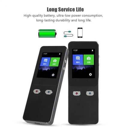 Compact Voice Translator for Travel and Business Needs handheld device showing long service life, dual screens and battery icons