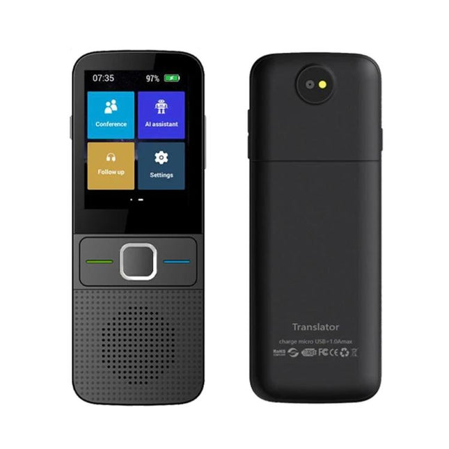 A Handheld Translator For Everyday Global Interactions - portable black device with touchscreen, speaker and camera for instant speech and photo translation