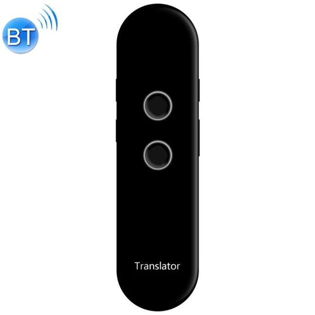 Compact Voice Translator for Daily Travel and Business Use - sleek black handheld real-time translator with two buttons and Bluetooth icon
