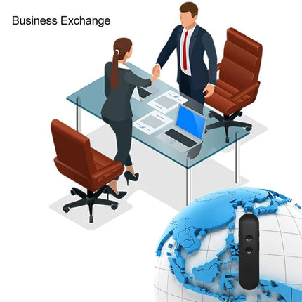 Compact Voice Translator for Daily Travel and Business Use shown in business meeting scene with handshake and globe for real-time 42-language translation