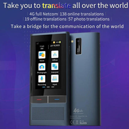 Handheld Language Translator for Daily Travel Conversations showing compact device with screen icons for voice, offline, photograph and interpret features