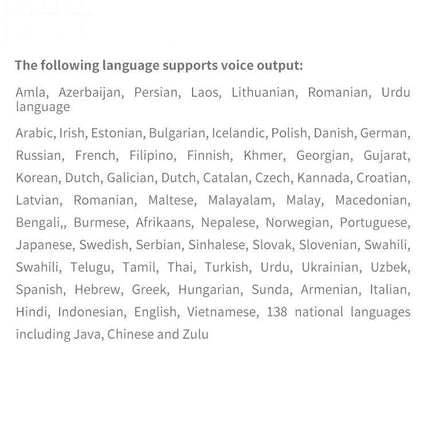 Handheld Language Translator for Daily Travel Conversations listing supported 138 national languages and voice output for travel use