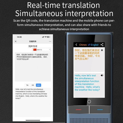 Handheld Language Translator for Daily Travel Conversations showing real-time Chinese to English translation on device screen