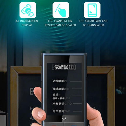 Handheld Language Translator for Daily Travel Conversations compact device showing 3.1 inch screen and translated menu text