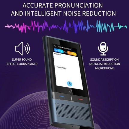 Handheld Language Translator for Daily Travel Conversations showing device screen, loudspeaker and noise reduction microphone features