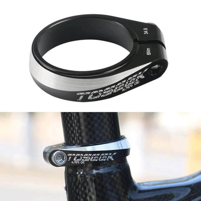 TOSEEK Aluminum Alloy Seat Tube Clamp 31.8mm And 34.9mm, black silver alloy seatpost clamp for mountain and folding bikes, 4mm hex install