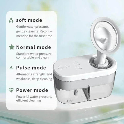 TPE Ear Washer For Gentle Home Ear Cleaning Daily Use - white TPE earpiece with 400ml water tank showing soft, normal, pulse and power cleaning modes