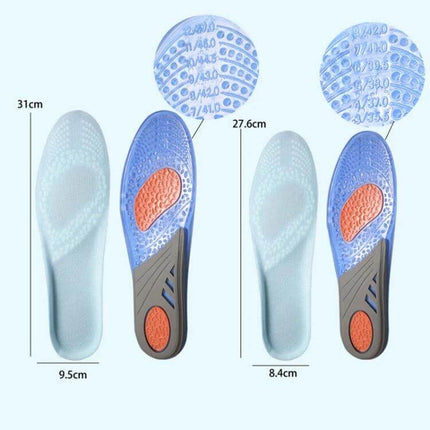 TPE Gel Sports Insole For Running, Unisex Everyday Comfort breathable TPE gel insoles with velvet top, heel and arch cushioning, size dimensions shown