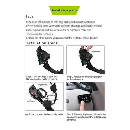 TROS Electronic Throttle Controller For Kia And Hyundai Cars installation guide showing plug-and-play throttle pedal wiring and display placement