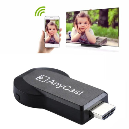 M2 Plus Wireless Dongle for Screen Mirroring on TV showing AnyCast dongle and phone-to-TV 1080P mirroring for photos and videos